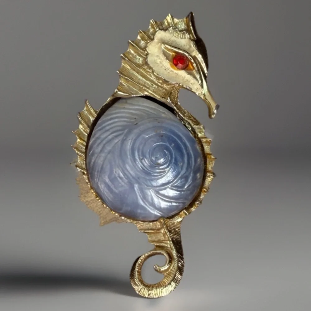 Vintage Goldtone Seahorse Brooch with Blue Swirl